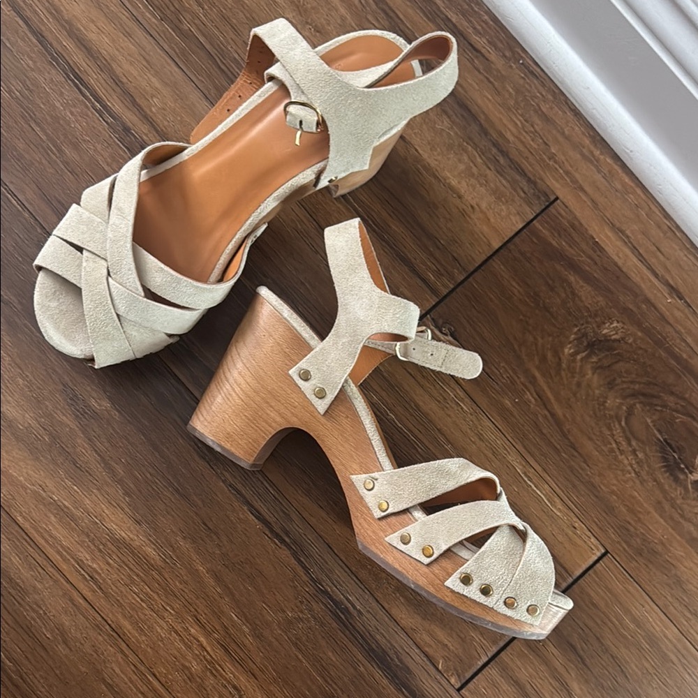 Cream and Tan High Heel Sandals with Ankle Strap